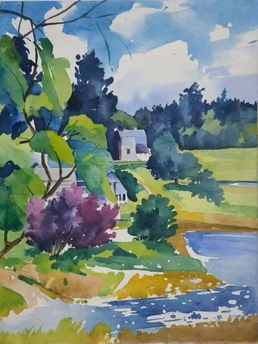 Лиловая сирень у дома, акварель,watercolor on paper of houses near the stream,river landscape,brook landscape,gouache,watercolor,watercolor background,water color