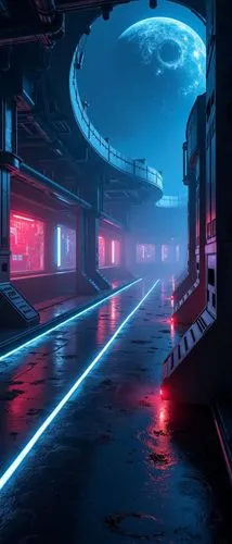 планета ПАНДОРА,an art work of some sort with neon colors,futuristic landscape,outrun,spaceport,space port,spaceship interior,futuristic