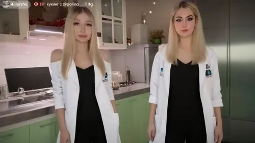 
Эта девушка белый лабораторный халат
сложные схемы на груди
3D-моделирование,two girls with blonde hair standing in a kitchen,female doctor,medical sister,nurses,female nurse,hygienists,doctors,medic