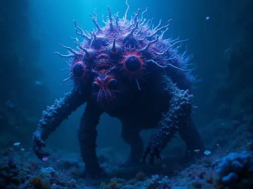 monster,dark flowers,blue,underwater,a crabfish with red tentacles swimming in the sea,deepsea,deep sea,sea devil,kermadec,zygon,bottom of the sea