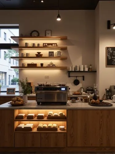 A simple and inviting coffee shop background featuring a clean barista counter with a sleek espresso machine. The space is designed with warm wooden accents and soft ambient lighting. Shelves display 