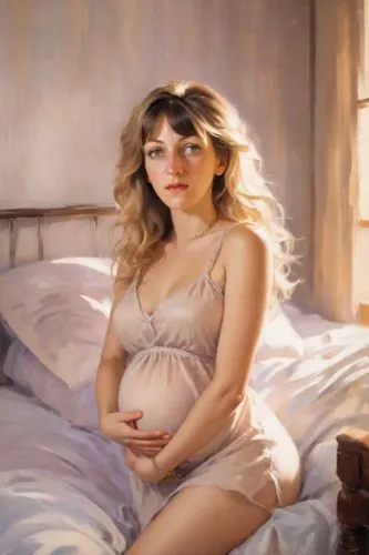 Young Blonde pregnant woman in tight   dress is chained to a bed,a pregnant woman sitting on a bed, posing for a photo,pregnant woman icon,pregnant woman,pregnant girl,pregnant,belly painting,pregnant