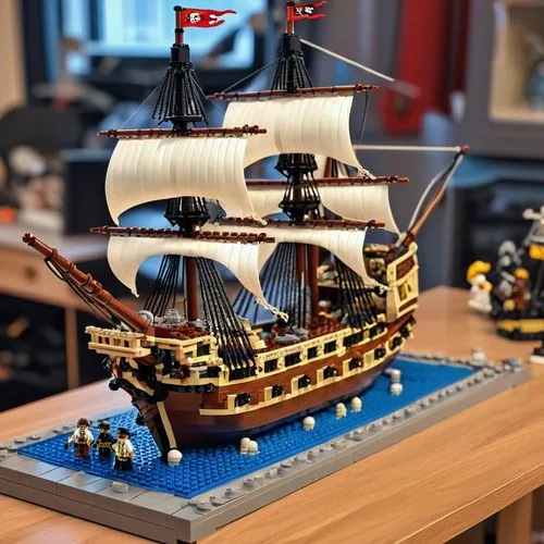 lego pirate ship with masts and rigging being built by child on a desk, close-up, sharp focus, intricate details, highly detailed,full-rigged ship,ship replica,galleon ship,steam frigate,pirate ship,t