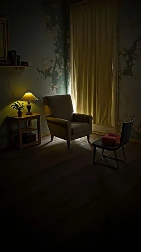 A photo-realistic shoot from the side about a dimly lit room with peeling walls and a wooden floor, featuring a table with a lamp on the left side and a chair on the right side. the room has a rustic,