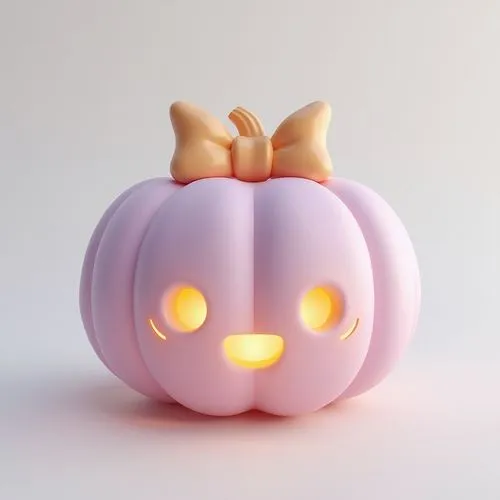 A 3D pastel pumpkin with soft lilac skin, glowing orange facial features, and a cute bow on top, resting gently on a white surface.








,a pink pumpkin shaped toy with glowing eyes,pumpsie,kirdyap