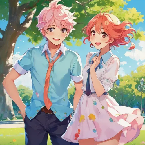In a sunny park, a cute anime boy blushes when a girl compliments his outfit.,boy and girl,girl and boy outdoor,sakura florals,cherry petals,young couple,little boy and girl,vintage boy and girl,cherr