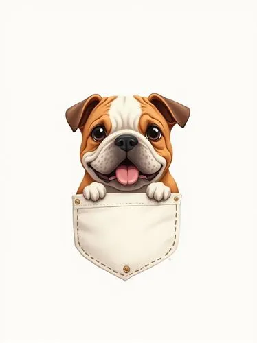 A simplistic and elegant illustration of a brown English bulldog peering out from a small white pocket. The dog has a warm and friendly expression, while the pocket appears to be sewn onto the white c