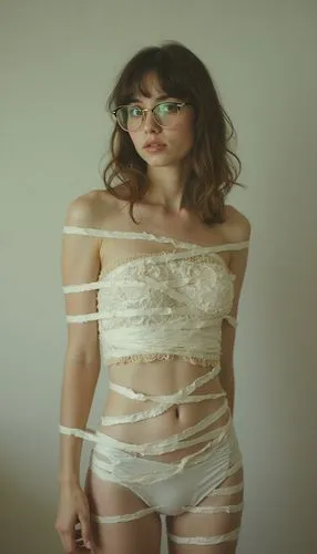 a young woman  is tightly wrapped in strips of paper, cutouts are made in the paper in place of her face, chest and stomach, her ass is visible in cotton panties, she is wearing round glasses, her lip