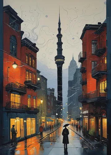 streetscape of a fantastic city,shanghai,hanoi,istanbul,taipei,world digital painting,man with umbrella,kathmandu,asian umbrella,travel poster,lahore,hong kong,galata,gas lamp,tokyo,porto,buenos aires