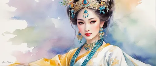 Create a poem about the grace and beauty of an oriental princess.,chinese art,oriental princess,oriental painting,peking opera,oriental girl,taiwanese opera,oriental,watercolor women accessory,inner m