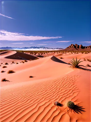 Desert landscape, sandy dunes, clear blue sky, few cumulus clouds, rocky outcrops, sparse cacti, warm sunlight, low angle shot, panoramic view, vibrant color tone, cinematic composition, shallow depth