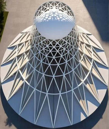 a round structure has a small white dome that has intricate designs,dome roof,honeycomb structure,geodesic,roof domes,dome,building honeycomb,the energy tower,sky space concept,domes,futuristic archit