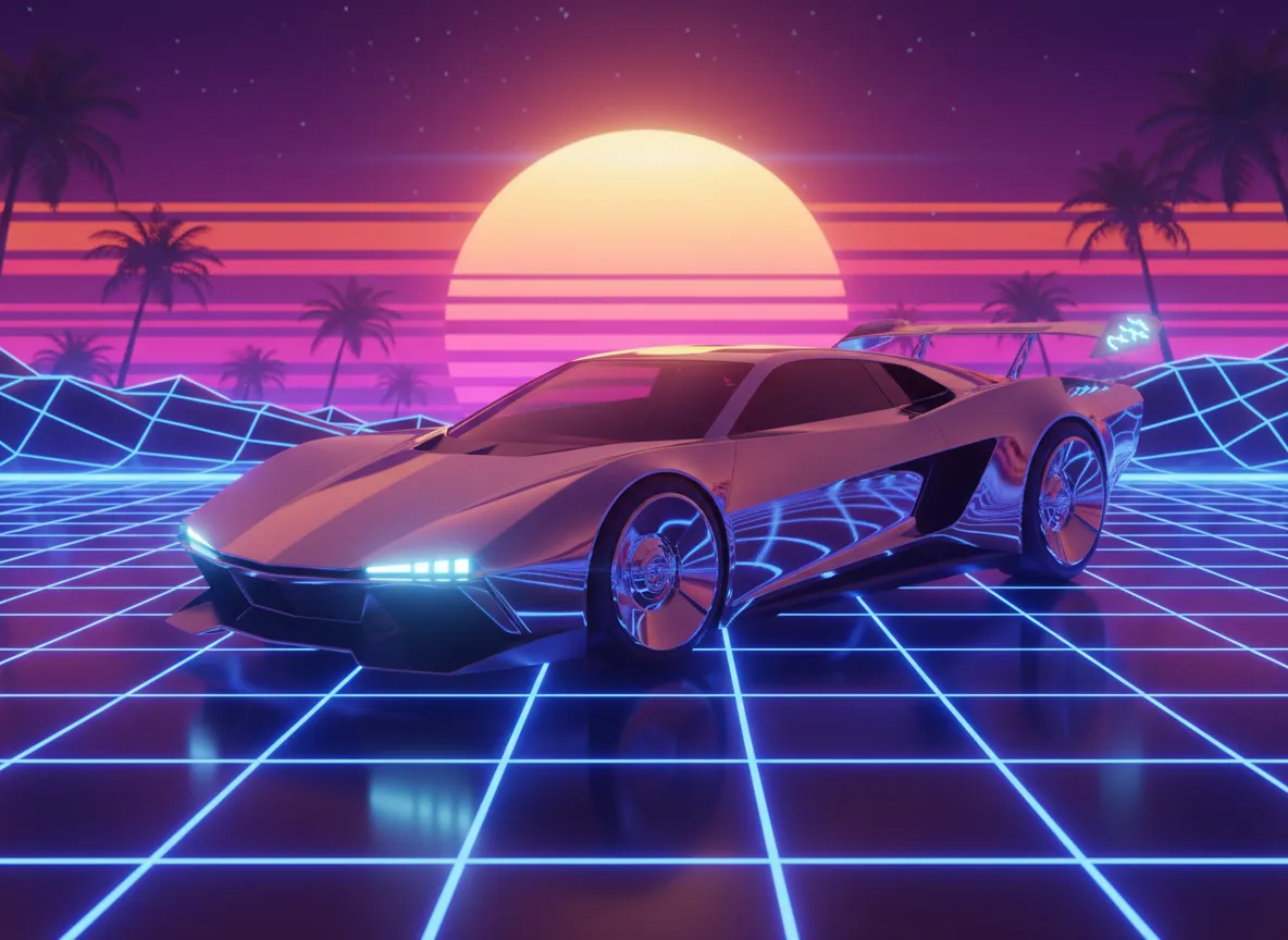 AI-जनित छवि जिसमें क्रोम फ़िनिश वाली एक भविष्य की स्पोर्ट्स कार, एक क्लासिक Synthwave सूर्यास्त और एक चमकते ग्रिड के सामने सेट है।