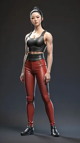 
anime, 3d figure, kotobukiya, woman wearing armor.
asian anime face, angular cheekbones,  strong jaw.
short black haircut.
very big blue eyes.
muscle body.
tall, long legs.
red leather tank top.
blac