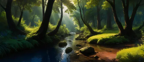 sunlightbeams are shining down on the river in a forest,world digital painting,brook landscape,swamps,swampy landscape,forest path,creek,streams,forest glade,forest landscape,green forest,streamside,m
