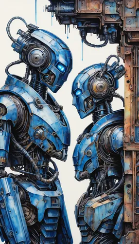 two humanoid robots hidden behind a wall of scrap metal eavesdropping on an eavesdropping conversation, dark sci-fi, highly detailed inkstyle, hyper maximalist watercolor, neon blue watercolor, dreaml