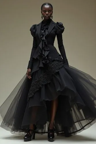 Fashion Model,a woman in a black dress standing up,kawakubo,dress walk black,siriano,galliano,edun,crinolines,Photography,Fashion Photography,Fashion Photography 01