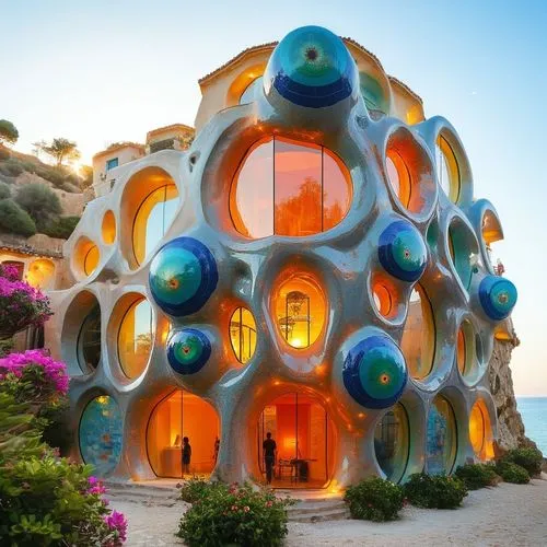 Behind the building, place a serene Mediterranean coastal scene with rugged cliffs leading to a crystal-clear blue sea. Add small fishing boats floating on the water, and sandy coves with sun-drenched