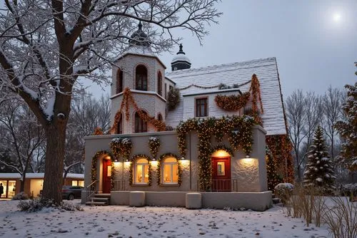 Christmas atmosphere. The building is covered Christmas decorations. Warm light shines from inside. The background is a snowy day.,a house with a christmas lights and decorations around it,winter hous