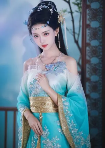 a young asian woman in blue holding a small white glass bottle,hanfu,kunqu,oriental princess,diaochan,qixi,daiyu,geiko,asian costume,jinling,maiko,qibao,sanxia,wulin,zhui,yuanshi,oiran,jianyin,ao dai,