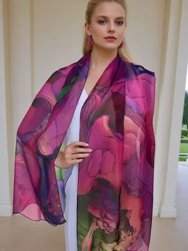 Closeup front view of model. She is 26 years old.  She is looking past the camera. Her long blonde hair hangs down to her shoulders.Her arm under the scarf shows through the sheer fabric. She is weari