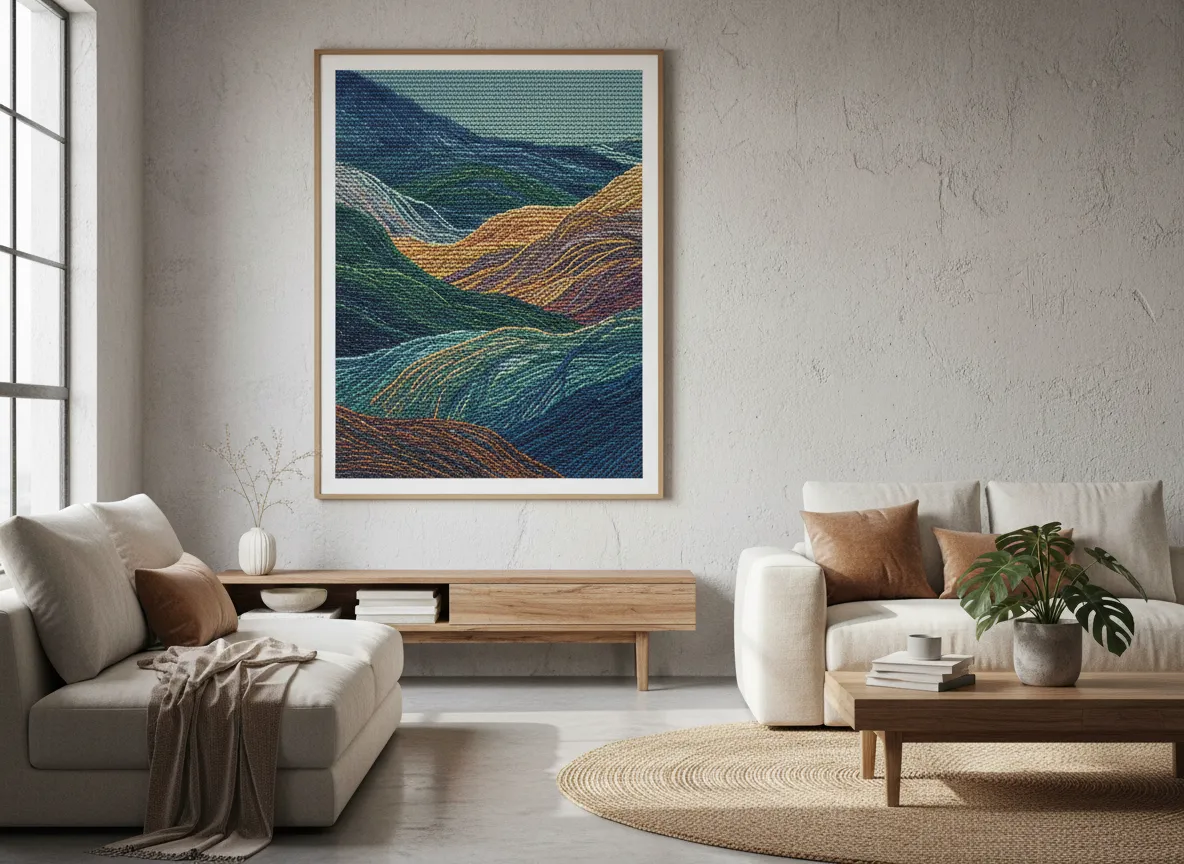 एक लिविंग रूम की जीवनशैली की तस्वीर जहाँ दीवार पर एआई-जनित कढ़ाई डिज़ाइन वाला एक फ़्रेमयुक्त पोस्टर लटका हुआ है।