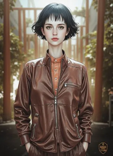 this is an image of a woman in a brown jacket,portrait background,sci fiction illustration,world digital painting,fantasy portrait,fashion vector,custom portrait,jacket,retro girl,retro woman,leather 