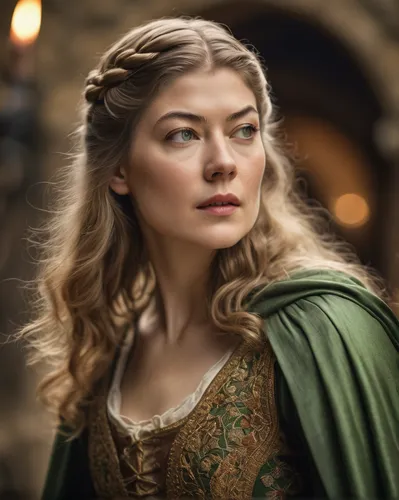 Make a beautiful female with a black long hair and green eyes, make her dressing a medieval dress and a cloak, make her look like Rosamund Pike,celtic queen,game of thrones,queen anne,angelica,female 