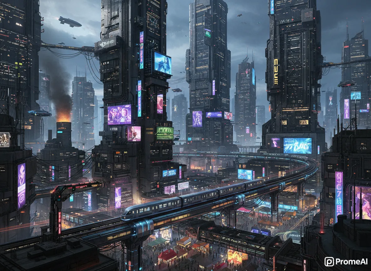 Eine weitläufige und detailreiche Cyberpunk-Stadtsilhouette bei Nacht, generiert von PromeAI, mit einer Einschienenbahn und dichten, leuchtenden Wolkenkratzern.