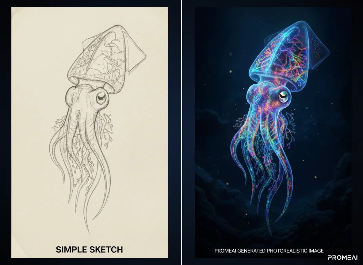 Confronto affiancato che mostra uno schizzo semplice e un'immagine fotorealistica generata da PromeAI di una creatura abissale con intricati motivi bioluminescenti.