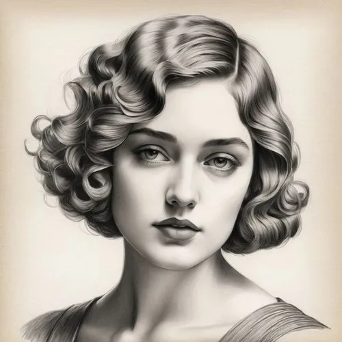 [Young woman with 1920s-style wavy bob haircut, portrait, calm and elegant expression], [Pencil drawing, hyperrealistic style], [Reminiscent of the classical portraiture of Jean-Auguste-Dominique Ingr