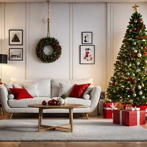 a living room decorated for christmas with a couch, coffee table, christmas decorations and a tree,christmas room,fir tree decorations,christmas motif,christmas gold and red deco,christmas decor,festi
