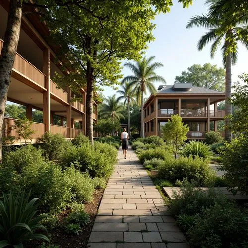 Lush greenery, organic farm, sustainable architecture, eco-friendly materials, recycled wood, living walls, green roofs, solar panels, rainwater harvesting systems, natural ventilation, large skylight