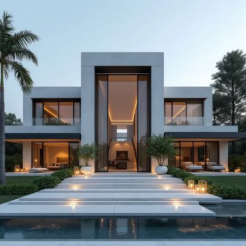 A hyper-realistic, high-resolution architectural photograph capturing a grand, ultra-modern luxury mansion at twilight. The building’s façade is composed of smooth white stone panels contrasted with s