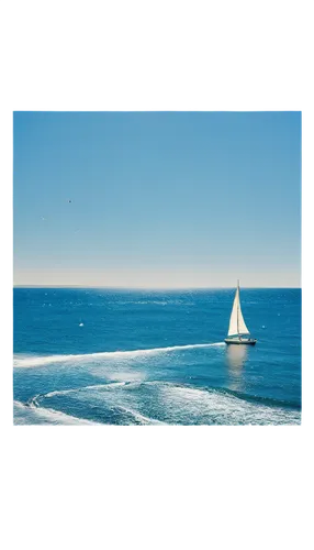 calm ocean, blue water, waves crashing, sunny day, clear sky, horizon line, sailboat in distance, seagulls flying overhead, warm lighting, shallow depth of field, 3/4 composition, soft focus, serene a