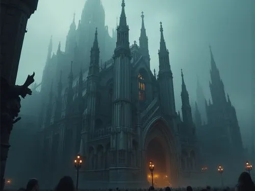Majestic cathedral, towering spires, intricate stone carvings, ribbed vaults, pointed arches, grandiose scale, dramatic vertical lines, ornate gargoyles, stained glass windows, mystical ambiance, atmo