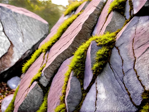 Rock formation, rugged surface, detailed cracks, grey brown color, natural texture, rough edges, moss growth, morning dew, soft sunlight, 3/4 composition, shallow depth of field, warm color tone, cine