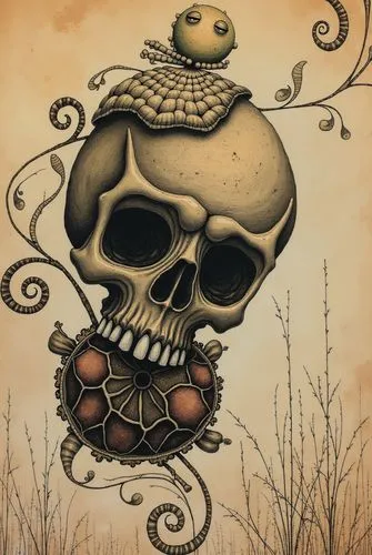 a drawing of a human skull sitting on top of a turtle,vintage skeleton,skullduggery,sugar skull,day of the dead skeleton,skulduggery,floral skull,skull bones,skull allover,skull and crossbones,skull i