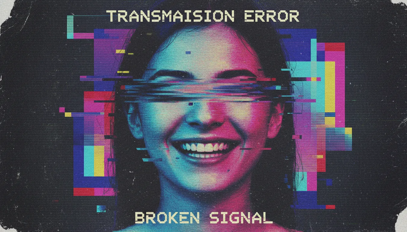 Un sorprendente design di poster con un ritratto e un forte effetto VHS Glitch, che mostra scanline e sbavature di colore.