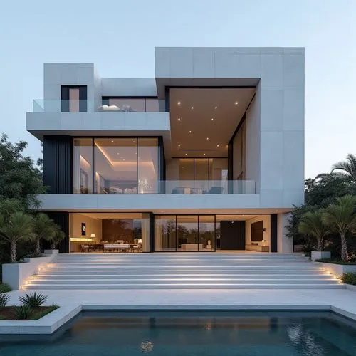 A hyper-realistic, high-resolution architectural photograph capturing a grand, ultra-modern luxury mansion at twilight. The building’s façade is composed of smooth white stone panels contrasted with s