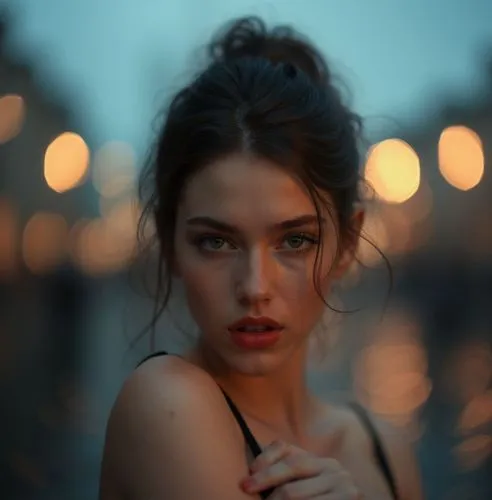 a conceptual art  portrait of a beautiful Caucasian young woman, 22 years old with brown hair, brown eyes, and red lips, she has her hair tied up with a bun, she is wearing a black dress with a neckli