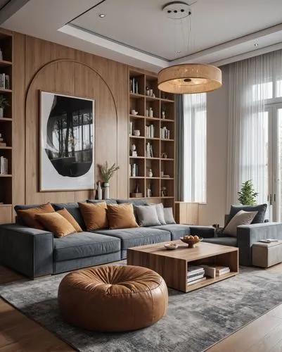 a living room with gray and brown decor,minotti,modern living room,apartment lounge,modern decor,modern minimalist lounge,livingroom,Photography,General,Realistic