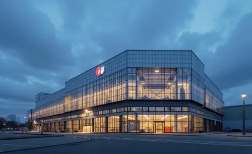 a factory architecture, silver grey glass, aluminium cladding, ultra detail, eye side view, high tech, no error, clear details, ,a large building with many windows in it,glass facade,target group,new 