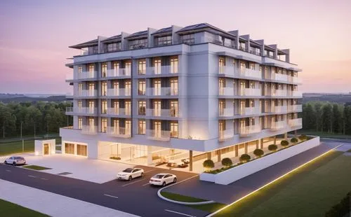 an image of a three story building at sunset,inmobiliaria,appartment building,condominia,penthouses,residential tower,multistorey,Photography,General,Realistic