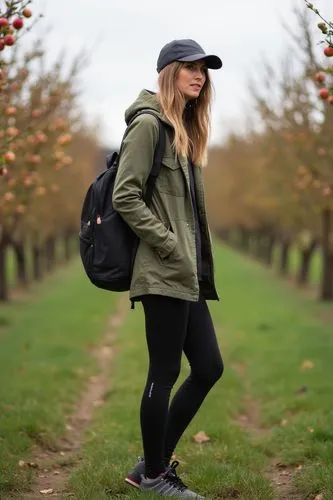 A trendy fall outfit with a utility jacket, black leggings, and a baseball cap. She’s picking apples in an orchard, with her backpack slung over her shoulder, giving a sporty, casual feel.
