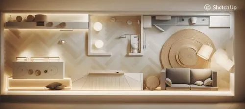 a 3d rendering of a small room with a light on,product display,propounds,beauty room,wall lamp,promised,dioramas