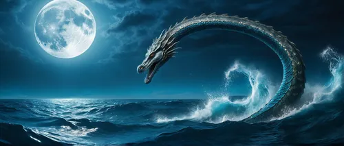 a giant fish that is in the ocean,fantasy picture,marine reptile,sea monsters,black dragon,angstrom,dragon of earth,god of the sea,fantasy art,whirlwinds,dragon,hydra,fathom,dolphin background,sea god