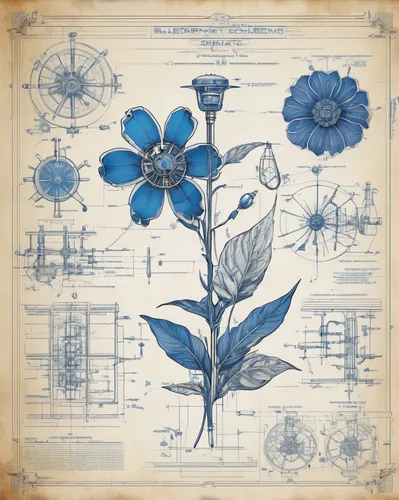 hybrid between a flower and a machine, herbarium, fantasy, steampunk, spritesheet sprites,blueprint,digiscrap,himilayan blue poppy,plumbago,blueprints,vintage botanical,borage family,dayflower,blue fl