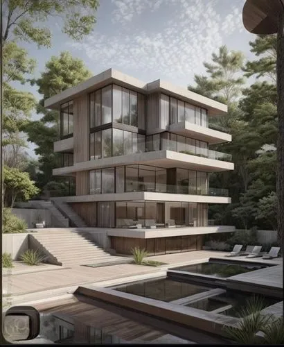 Render a stunning photorealistic architectural visual of a modern villa, showcasing the facade with a premium combination of floor-to-ceiling glass, exposed concrete, and natural wood. Use warm ambien