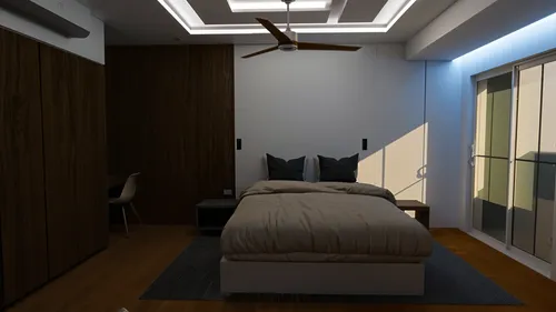 create a more appealing, bright image, 3d max style, realistic rendering,the bed is sitting in front of a sliding glass door,3d rendering,render,3d rendered,3d render,modern room,renders,sketchup,rend